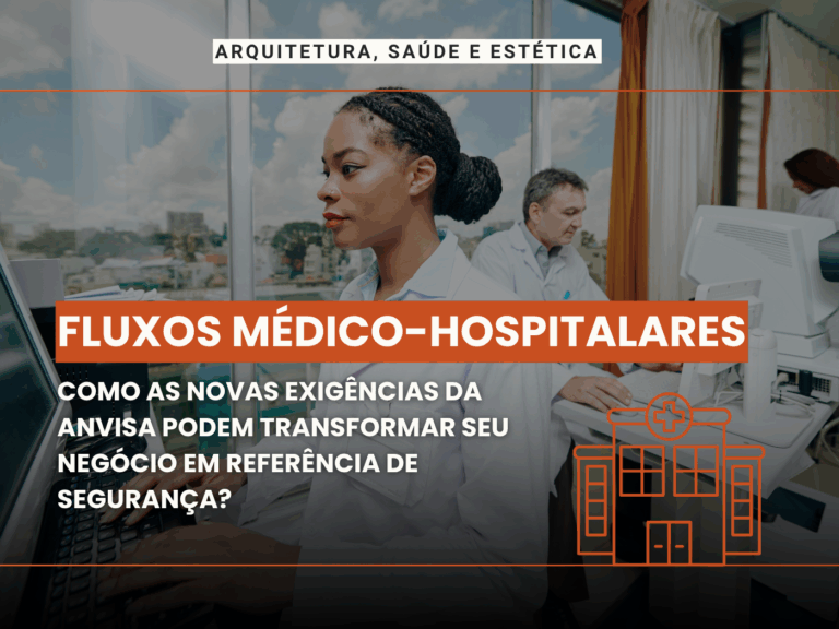 Imagem ilustrativa de profissionais de saúde utilizando computadores em um ambiente hospitalar moderno, com o texto: 'Fluxos médico-hospitalares: como as novas exigências da ANVISA podem transformar seu negócio em referência de segurança'. Tema relacionado à arquitetura, saúde e estética.